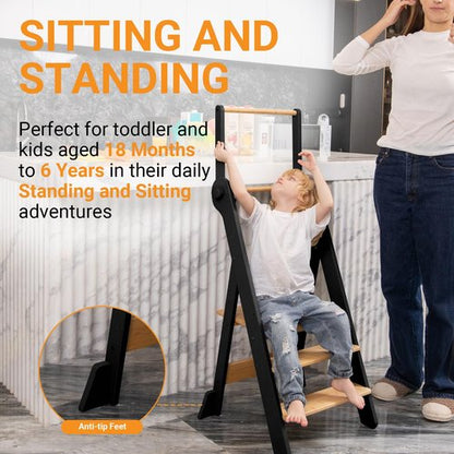 COSYLAND Foldable Toddler Standing Tower - Adjustable Height Folding Step Stool Kid Toddler Kitchen Stool for Learning and Cooking - Ages 18 Months to 6 Years with Safety Net Natural & Charcoal