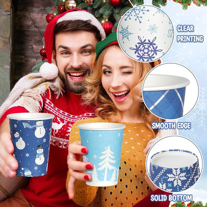 Blue Winter 12oz Christmas Coffee Cups with Lids - 100 Pack, 5 Styles