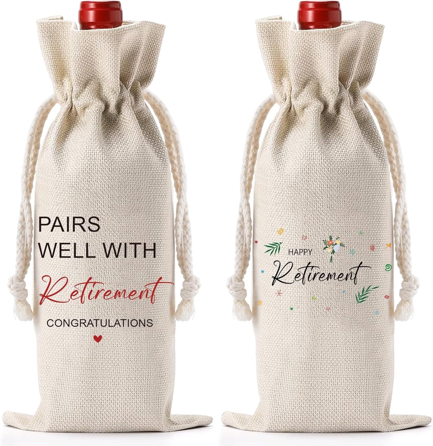 Retirement Wine Bag Farewell Gifts - Going Away Gifts for Retirees, Friends, Coworkers, Boss, Teachers, Employees, Women, Floral Drawstring Burlap Wine Bottle Bag for Retired, Goodbye, New Beginnings