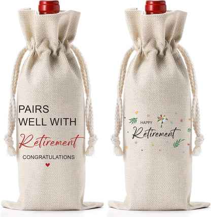 Retirement Wine Bag Farewell Gifts - Going Away Gifts for Retirees, Friends, Coworkers, Boss, Teachers, Employees, Women, Floral Drawstring Burlap Wine Bottle Bag for Retired, Goodbye, New Beginnings
