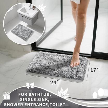 Yimobra Chenille Bathroom Rug - Non-Slip, Extra Thick & Soft | Machine Washable, 24x17, Light Grey