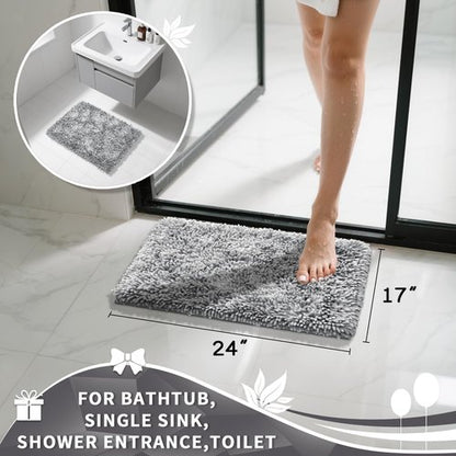 Yimobra Chenille Bathroom Rugs Non Slip, Extra Thick Soft Absorbent Bath Rug, Machine Washable Quick Dry Bath Mat for Bathroom Floor, Tub and Shower, Home Decor Accessories, 24x17, Light Grey