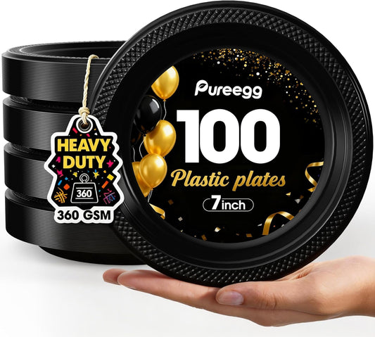 Pureegg 7-Inch Black Plastic Dessert Plates - 100-Count Disposable Party Plates | BPA-Free for BBQs & Picnics