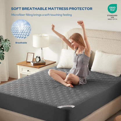 Skiennix Waterproof Mattress Protector - Noiseless Queen Size Pad with Deep Pocket | Soft & Breathable Gray Cover