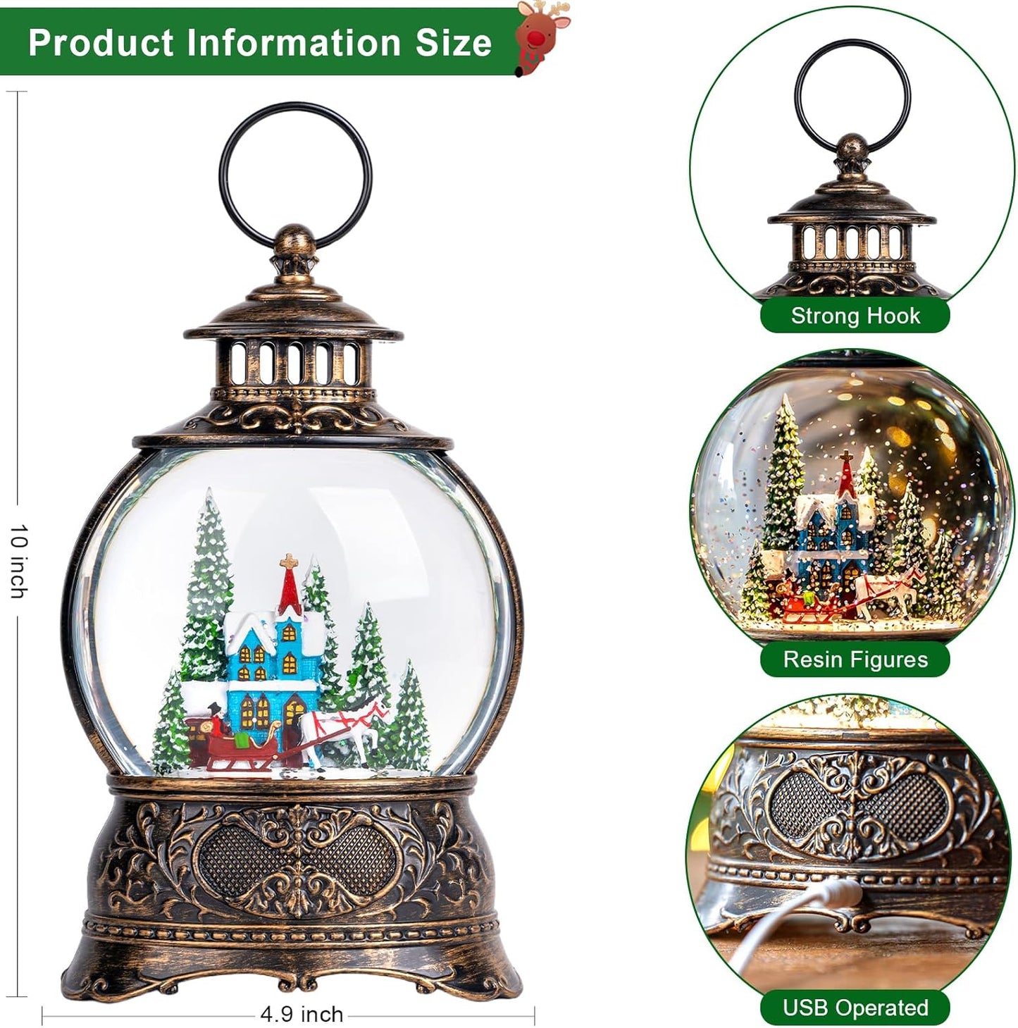 Regine Switzerland Christmas Snow Globe - Musical Water Lantern with Carriage & Timer | USB/Battery Operated
