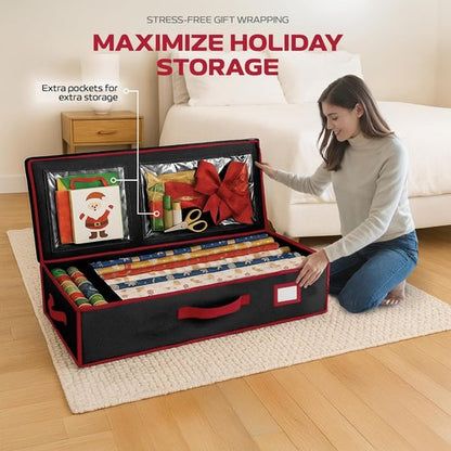 Christmas Wrapping Paper Organizer - Fits Up to 24 Rolls | Storage Bag with Straps & Pockets (Black)
