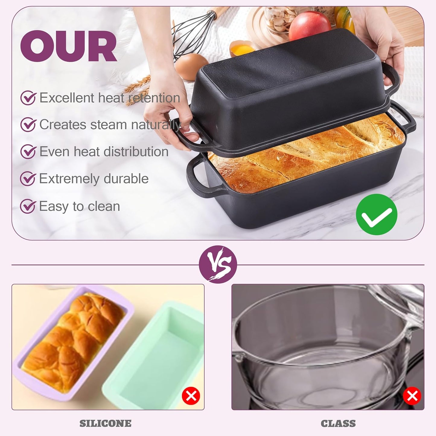 Skiennix Cast Iron Loaf Pan - 11x5 Inch with Lid for Perfect Sourdough Baking | 5.8Qt Capacity