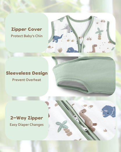 FIEMOL Rayon Made from Bamboo Baby Sleep Sack 6-12 Months, 1.0 Tog Baby Wearable Blanket, Soft Sleeping Bag for Newborn Infant Babies with 2-Way Zipper 2 Pack (Medium) Green Dinosaur