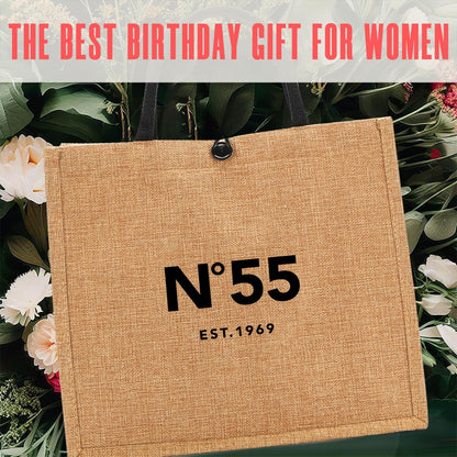 NGLIV 55th Birthday Gifts for Women - 55th Birthday Decorations for Her - 55 Year Old Birthday Gifts for Female Mom Wife Friend Sister Aunt - Beach Bag Reusable Shopping Bags Cute Jute Straw ToteBag