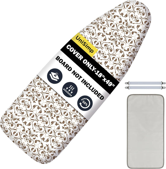 UniSimp Ironing Board Cover - Extra Thick Natural Cotton, Scorch & Stain Resistant | 18"x49" Taupe
