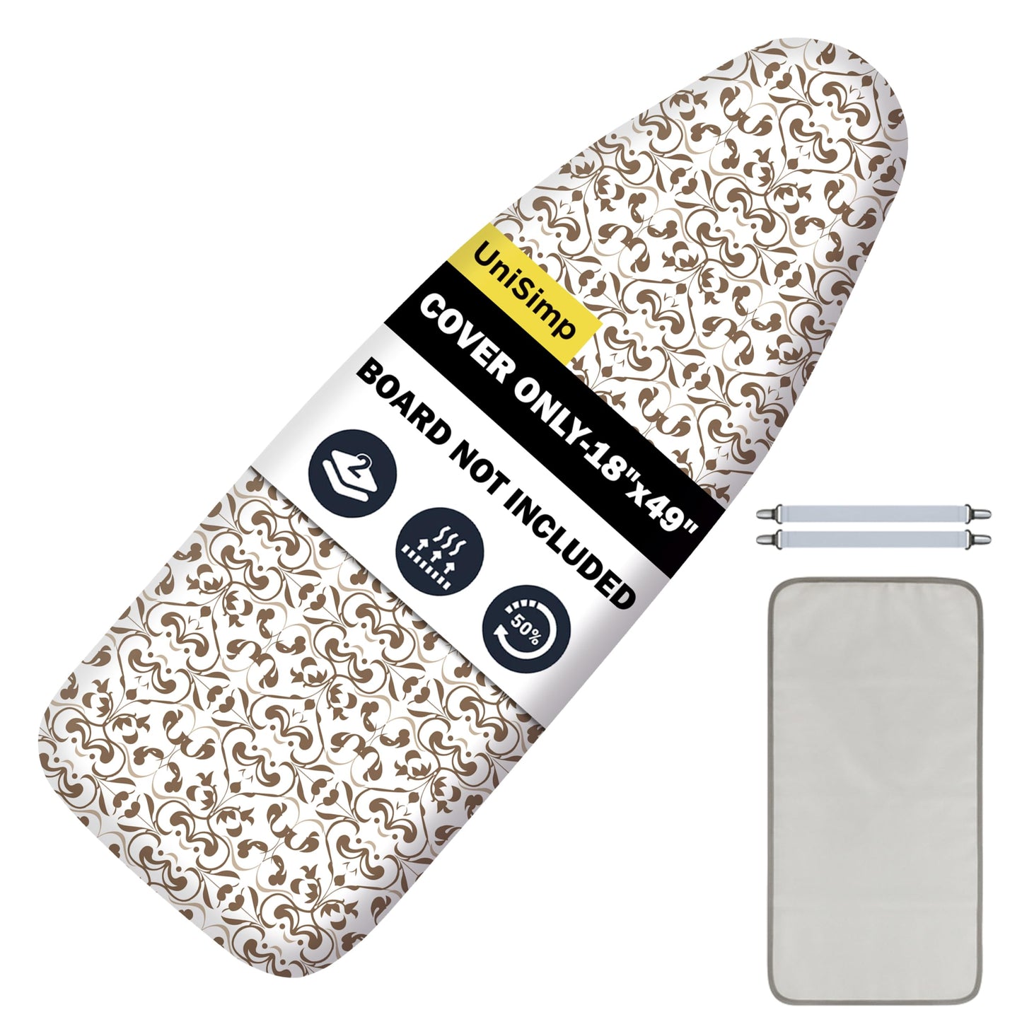 UniSimp Ironing Board Cover and Pad 18"x49" Extra Thick Natural Cotton, Scorch and Stain Resistant Iron Board Cover,Wide Ironing Board Cover with Fasteners Heavy Duty Heatproof Elastic Edge Taupe