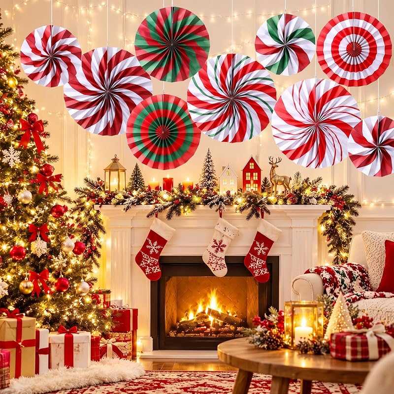 Peppermint Candy Cane Christmas Paper Fans 9-Pack - 8/12/16 Inch Hanging Decorations