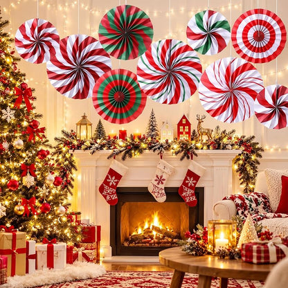 Peppermint Candy Cane Christmas Paper Fans 9-Pack - 8/12/16 Inch Hanging Decorations