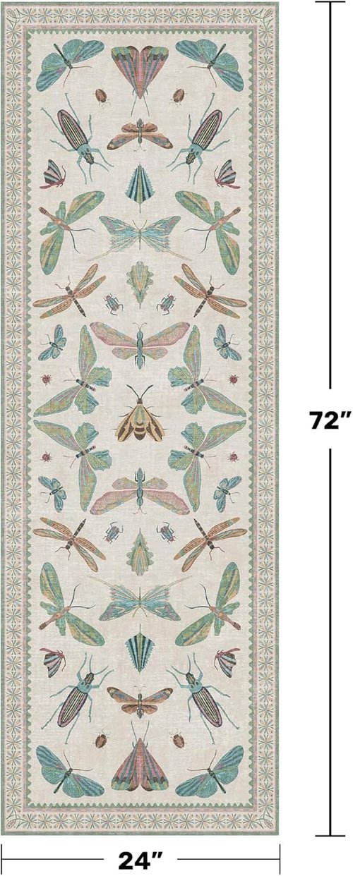 Hazo Haus Boho Bathroom Runner - 2x6 Non-Slip Washable Rug in Blue and Green Butterfly Print