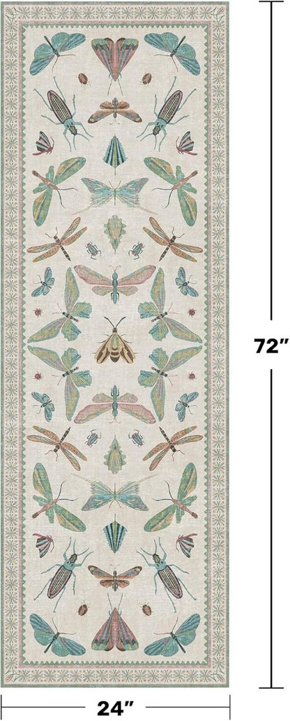 Hazo Haus Boho Bathroom Runner - 2x6 Non-Slip Washable Rug in Blue and Green Butterfly Print