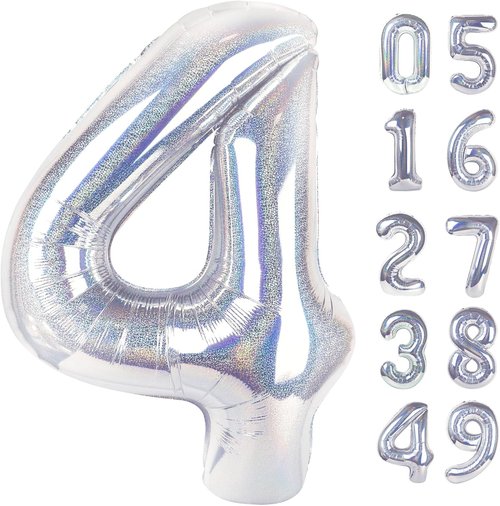 Laser Silver Number 4 Balloon - 40 Inch Large Birthday Decoration for Girls' 4th Party