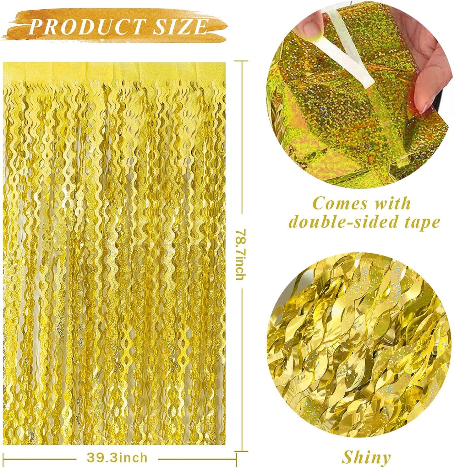 Skiennix Gold Fringe Curtain Backdrop - Tinsel Streamers for Birthday & Graduation Parties | 2 Pack