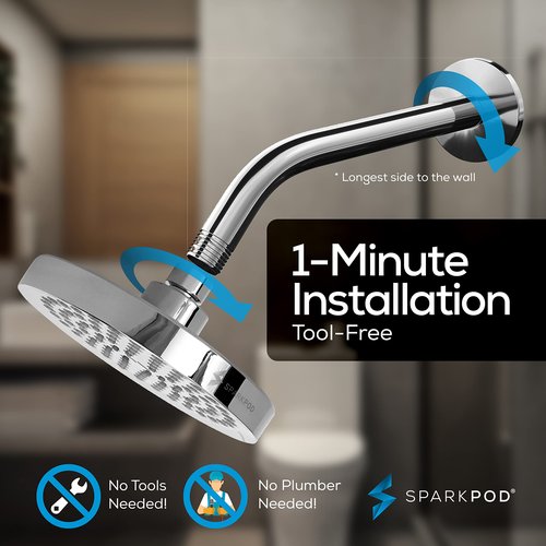 SparkPod 6" High Pressure Rain Shower Head with 9" Shower Arm - High Pressure Rain - Luxury Modern Look - Rainfall Experience - No Hassle Tool-less 1-Min Installation (Luxury Polished Chrome)