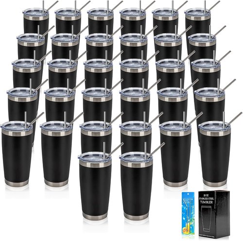 IEOVIEE 20oz Stainless Steel Tumblers - 32 Pack Double Wall Insulated Travel Mugs with Lids & Straws | Black