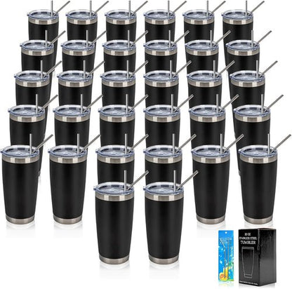 IEOVIEE 20oz Stainless Steel Tumblers - 32 Pack Double Wall Insulated Travel Mugs with Lids & Straws | Black