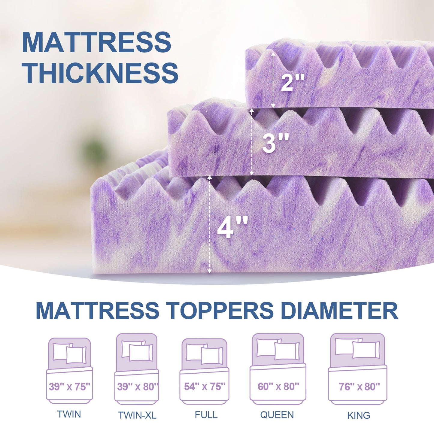 Eiayeebil 4 Inch Memory Foam Mattress Topper, 5-Zone Twin XL Mattress Pad Gel Infused Bed Foam Topper for College Dorm, Soft Bed Topper Purple, CertiPUR-US Certified, Twin XL Size