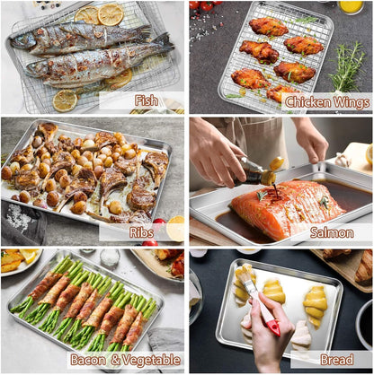 P&P CHEF Baking Sheet Set - 8-Piece Stainless Steel Cookie Trays with Cooling Racks | Oven & Dishwasher Safe, 16-12.5-10.4-9 Inch Sizes