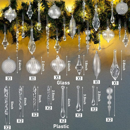 24 Pack Clear Christmas Ornaments - Glass Balls & Acrylic Drops Set