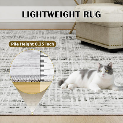 Skiennix 8x10 Area Rug - Washable Anti-Skid Abstract Design for Living Room | Soft Non-Shedding Carpet (White Gray)