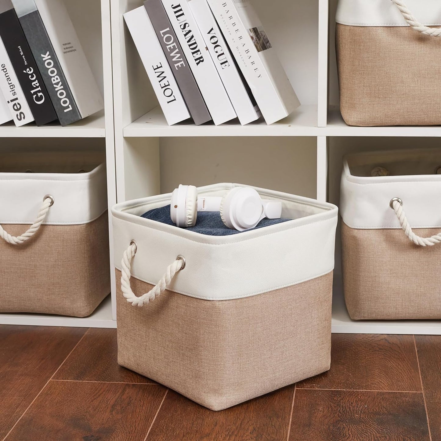 Skiennix Storage Cubes - 6 Pack Large Collapsible Fabric Bins | Foldable Organizer for Home & Office - White & Beige