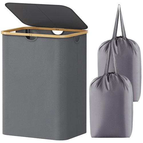 Lifewit 150L Laundry Basket with Lid, Clothes Hampers for Laundry with Bamboo Handles and 2 Removable Bags, Large Foldable Laundry Hamper for Bedroom, Bathroom, Dorm, Grey