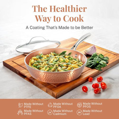 GOTHAM STEEL Hammered Copper 12 Inch Non Stick Frying Pans with Lid, Frying Pans Nonstick with Lid, Non Toxic Ceramic Pan for Cooking, Nonstick Frying Pan, Induction Pan, Oven and Dishwasher Safe