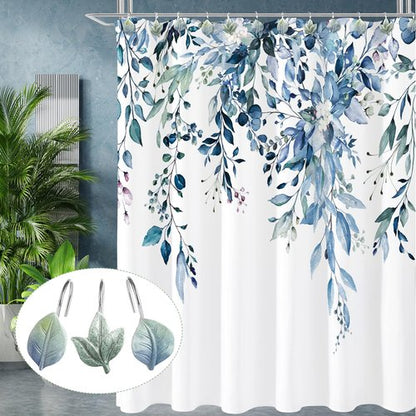 Gibelle 12PCS Leaves Shower Curtain Hooks, Blue Plant Leaf Decorative Shower Curtain Hooks Metal Rustproof Cute Eucalyptus Shower Curtain Rings Bathroom Decoration Accessories
