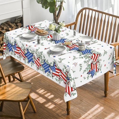Horaldaily Patriotic Tablecloth - 60x84 Inch Eucalyptus Star Design for 4th of July Celebrations
