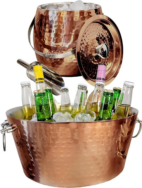 BREKX Rose Copper Beverage Tub and Ice Bucket with Lid and Scoop Party Combo Pack, Stainless Steel Double-Walled Insulated Barware Set