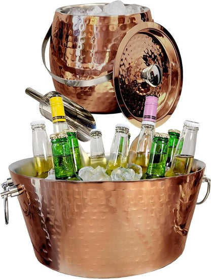 BREKX Rose Copper Beverage Tub and Ice Bucket with Lid and Scoop Party Combo Pack, Stainless Steel Double-Walled Insulated Barware Set