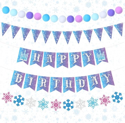Fanfanwin Snowflake Birthday Banner Set - 5 Pcs Blue Felt Castle Decorations for Winter Celebrations