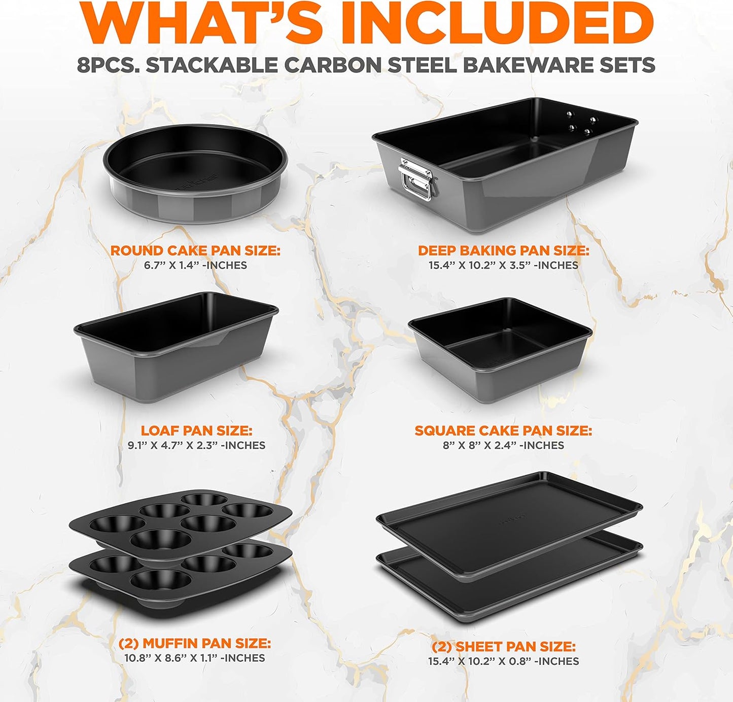 NutriChef 8-Piece Nonstick Bakeware Set - PFOA-Free Baking Pans for Cakes, Muffins & Cookies | Oven Safe to 450°F (Gray)