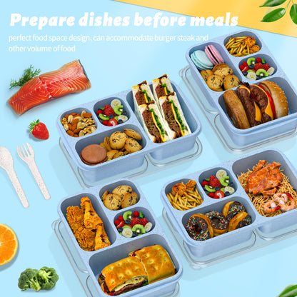 Bento Box for Adults and Snack Containers Set of 4 - Stackable, with 4 Compartments, Microwave & Dishwasher Safe, BPA Free - Reusable Meal Prep Containers for Kids and Adults (Blue)