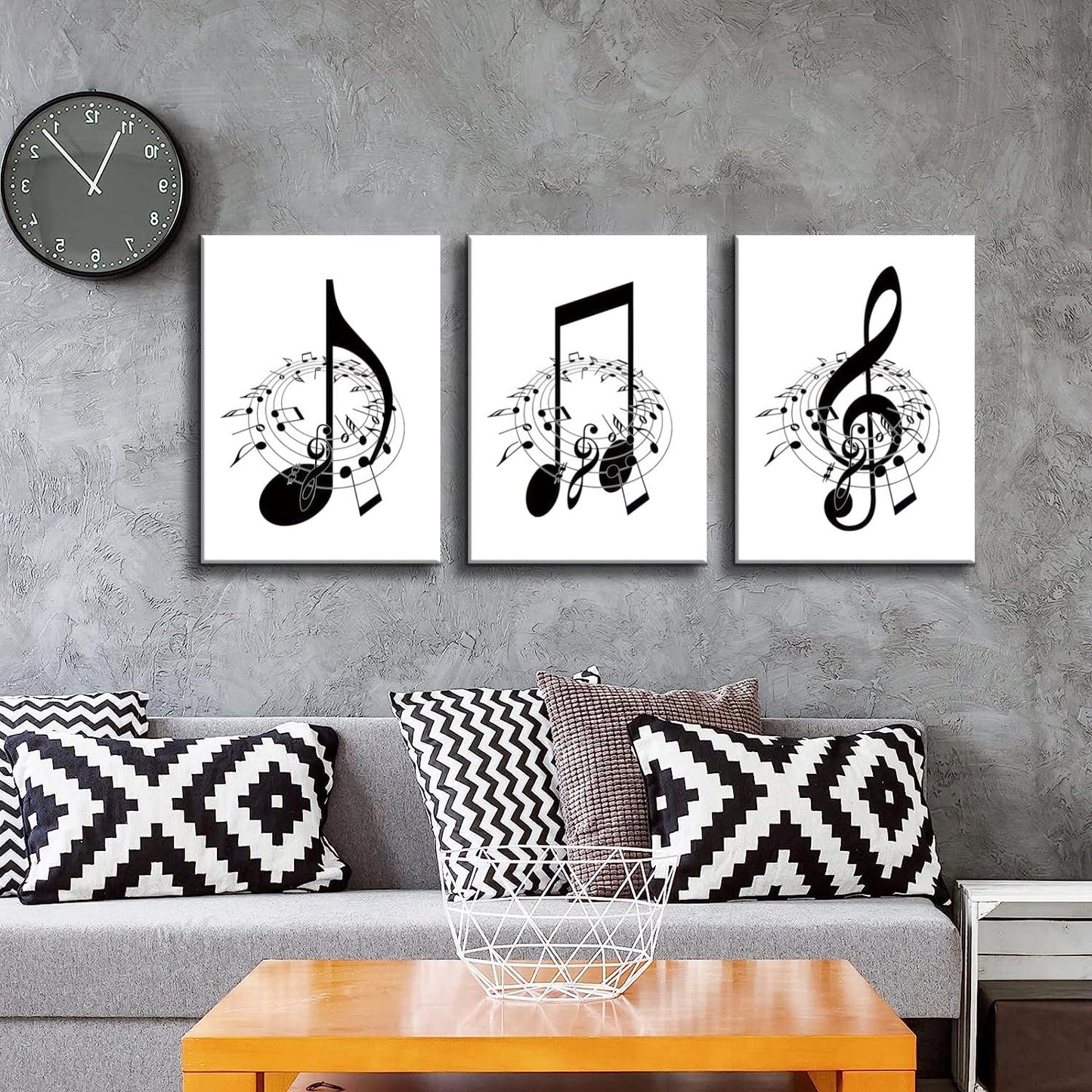 Skiennix Framed Music Notes Wall Art - Stylish Black & White Canvas Prints for Music Rooms | 12x16 in (Set of 3)