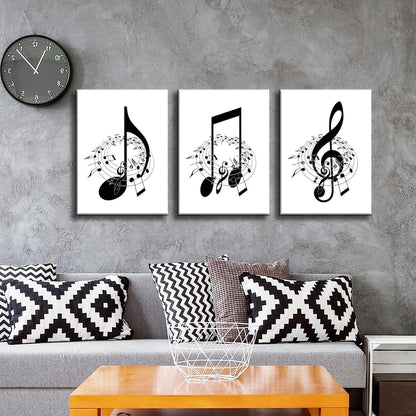 Skiennix Framed Music Notes Wall Art - Stylish Black & White Canvas Prints for Music Rooms | 12x16 in (Set of 3)