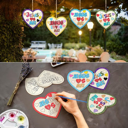 Anglechic 12 Sets Easter Christian Crafts Jesus Loves Me Wood Craft Religious Wooden Heart DIY Activities for Easter Sunday School VBS DIY Gift Activity