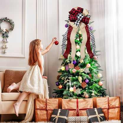 Buffalo Plaid Christmas Tree Topper - Handmade Red & Black Burlap Gift Bow | 13 x 29 Inch Holiday Decor