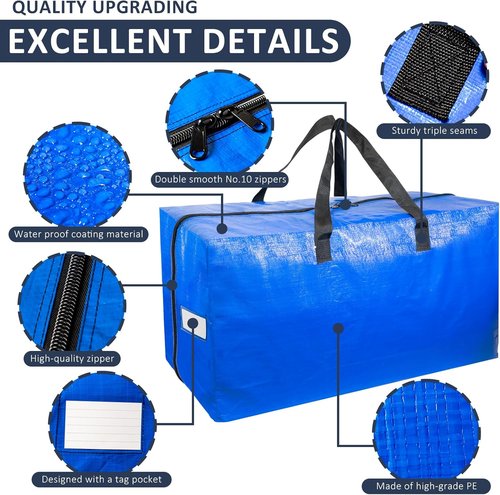 Extra Large Moving Bags - 4 Pack Heavy Duty Storage Totes with Strong Handles & Smooth Zipper