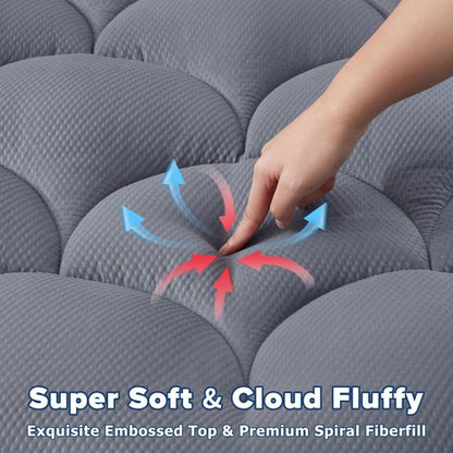 ELVEN HOME Queen Mattress Topper Pillow Top Cooling Mattress Pad Quilted Fitted Thick Mattress Cover Queen Size Bed 8-21" Deep Pocket, Grey