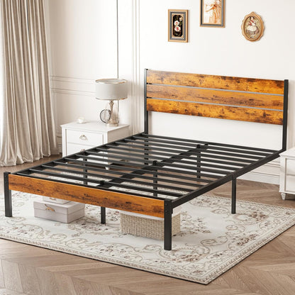 Sweetcrispy Queen Size Bed Frame - Sturdy Metal Support with Headboard & Under Bed Storage, Rust Brown
