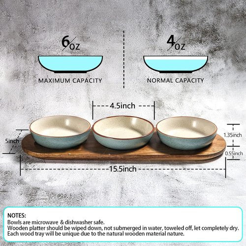 Artena 6oz Turquoise Ceramic Chips and Dip Platter - Acacia Wooden Tray & 4.5" Dipping Bowls
