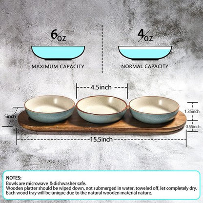 Artena 6oz Turquoise Ceramic Chips and Dip Platter - Acacia Wooden Tray & 4.5" Dipping Bowls