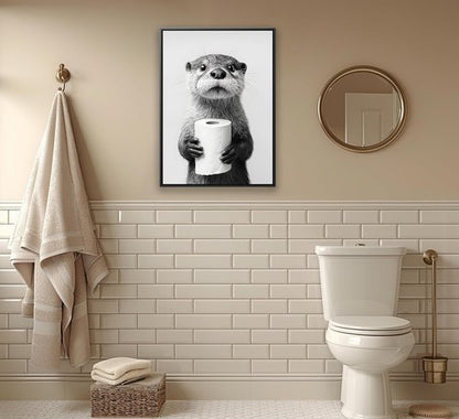 Framed Otter Wall Art - Black and White Funny Bathroom Decor | Unique Toilet Paper Design