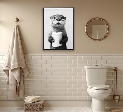 Framed Otter Wall Art - Black and White Funny Animal Decor for Bathroom | Farmhouse Toilet Decoration