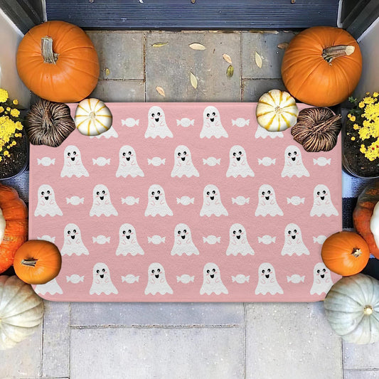 Asamour Pink Halloween Bath Mat Non Slip Entrance Mat Halloween Decoration Cute White Ghost Candies Bathroom Tub Rugs Extra Soft and Water Absorbent Door Mat Floor Mats 17.5x29.5 Inch